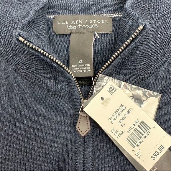100% Merino Wool Bloomingdale's Quarter-Zip Blue Sweater Size: XL - NWT - Picture 6 of 6